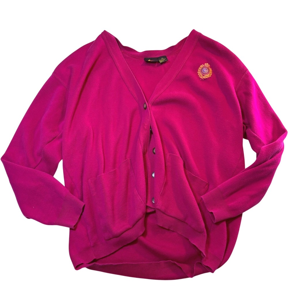 Lizsport Vintage Pink Cotton V-Neck Cardigan Sweater Crest Logo Made in USA M
